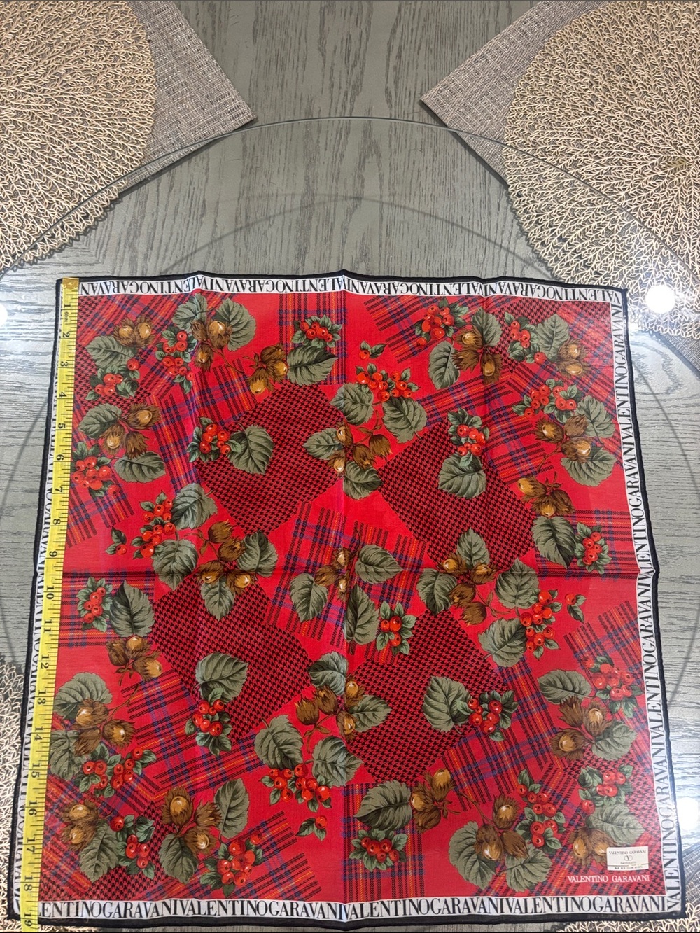 Valentino Garavani Navy Floral & Red Plaid Floral cotton Scarves/handkerchief - Picture 7 of 7